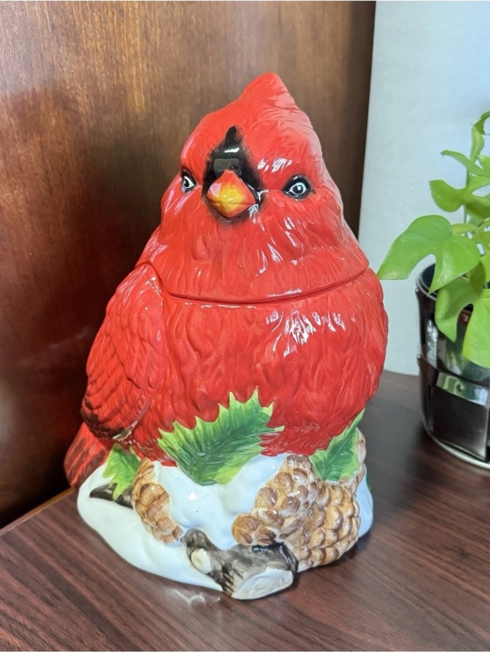 Vintage Hand Painted Mercuries Ceramic Red Cardinal Cookie Jar/Canister